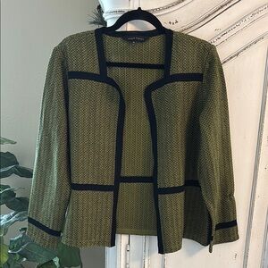 Ming Wang Women’s Petite Large Open Front Square Neck Blazer Green Black PL